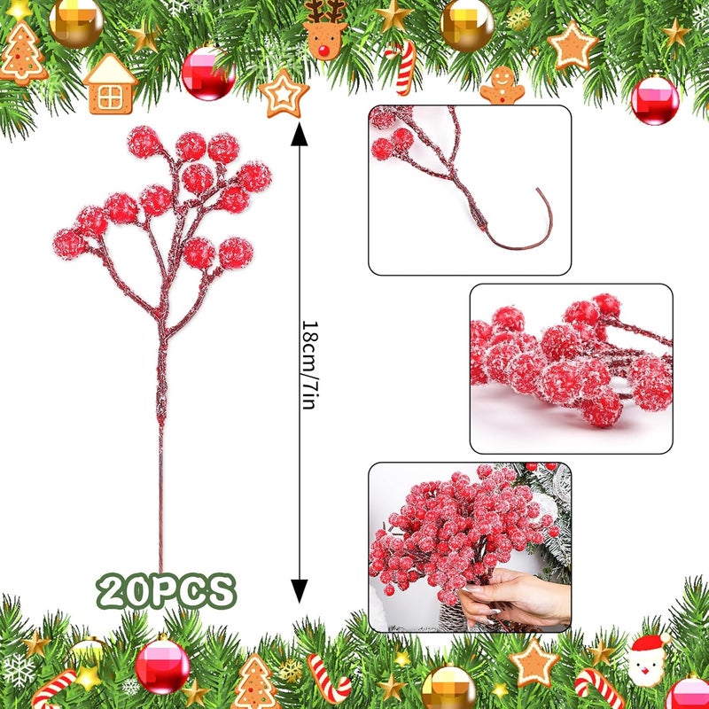 Fangoo 20 Pack 7 Inch Artificial Red Berry Picks for Christmas Tree Burgundy Red Berries Stems Holly Berry Branches Ornaments Wreath Crafts Wedding Holiday Season Winter Home Decor (Sprays Snow Red) - Image 2